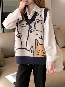 Alicedudu Casual Cat Pattern V-Neck Pullover Sweater Vest, Autumn/Winter - Multicolor - View 4