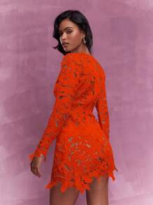 MISSGUIDED 撞色蝴蝶结镂空蕾丝长袖迷你连衣裙 圣诞节 - 紅色 - 查看 2