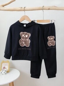 2pcs Young Boys' Casual Loose Fit Hooded Black Sweatshirt And Pants Set Featuring Cute Bear & English Print, Suitable For Travel, School, Spring, Autumn And Winter