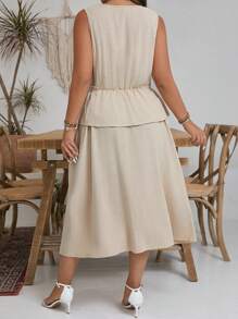 SHEIN Frenchy Vestido Longo Plus Size com Laço e Costas Lace-Up, Estilo 2 em 1, Férias, Tecido de Linho Confortável e Respirável, Estilo Francês para Vestidos Femininos de Verão - Damasco - Visão 2