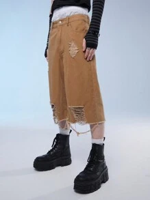 Manfinity Roghcode 男士低腰寬腳磨破丹寧短褲，帶破損邊緣和口袋，街頭風格 - 棕色 - 查看 4