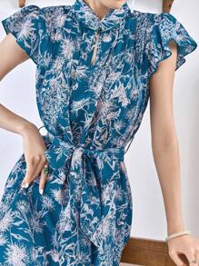 Modelyn 1 件植物图案前扣旗袍、旗袍/改良现代旗袍中式连衣裙 - 藍色 - 查看 5