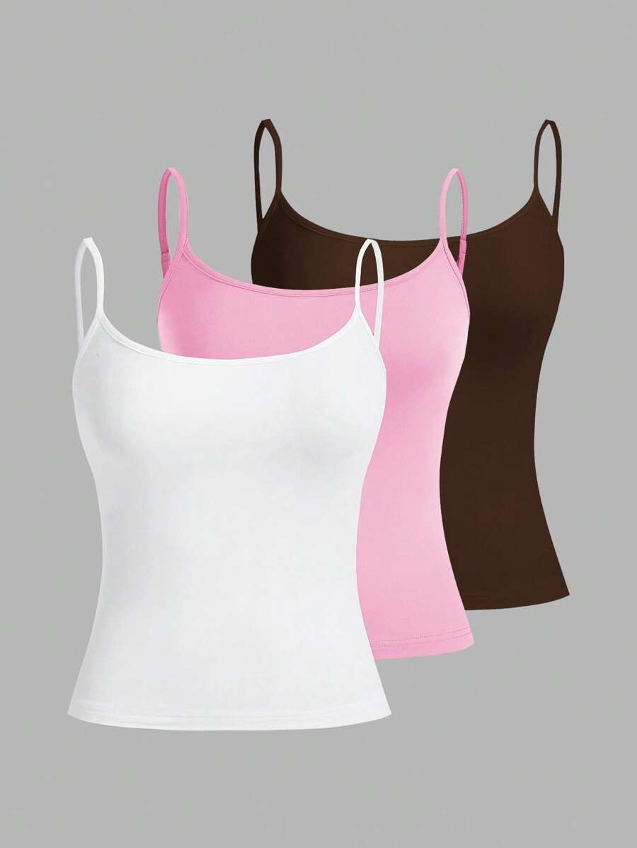 SHEIN EZwear 3 cái/bộ Áo hai dây crop không tay đơn giản thường ngày dành cho nữ, mùa hè - Nhiều màu - Xem 1