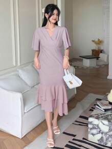 DAZY Gaun Musim Panas Elegan Warna Polos dengan Hem Asimetris Berkerut - Mauve Purple - View 2