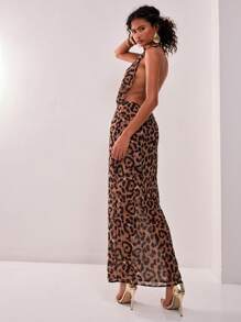 MUSERA Sexy Leopard Deep Plunge Cowl Neck Drape Detail Maxi Dress Elegant Spring Summer Going Out Long Dress - Multicolor - View 2