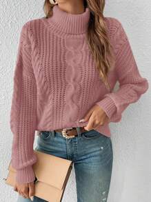 Cloudara Jersey cuello alto tejido de cable de hombros caídos - Rosa coral - Ver 6