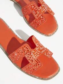 SHUZIA Summer New Style Padded Woven Slide Flat Sandals With Rhinestone Decoration, Fashionable And Anti-Slip - Orange - View 5