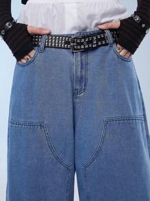 Manfinity Homme Quần jean denim ống rộng dáng rộng giản dị có túi cho nam, phong cách đường phố - Rửa nhẹ - Xem 6