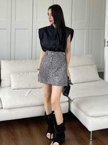 DAZY Women's Leopard Print Fashionable Loose Denim Skort