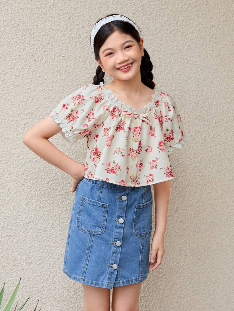 Tween Girl Ditsy Floral Shirt And Front Button Denim Skirt Casual 2pcs Set