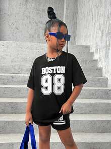 SHEIN Tween Girl Letter Graphic Drop Shoulder Tee & Shorts - Black - View 5