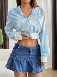 SHEIN EZwear 打褶染色拉鍊連帽短款衛衣