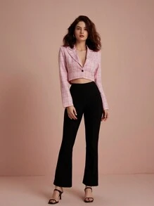 Aveloria Rosie Random Plaid Sweet American Casual Style Fashion Single Breasted Short Length Long Sleeve Blazer - Pink - View 6