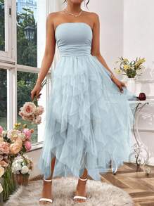 Rafferiza Vestido para Formatura de Verão & Recepção de Casamento, Vestido Longo Feminino Azul de Tule Tomara que Caia - Azul bebê - Visão 4