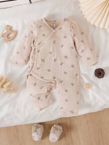 SHEIN Vintaside Kids Baby Boy Spring/Autumn New Casual Cotton Long Sleeve Printed Tie-Up Comfortable Jumpsuit