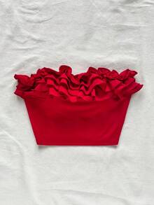 Soleia Cherry Red Pleated Off-Shoulder & Ruffle Romantic Holiday Casual Vacation Women's Top - Red - View 3