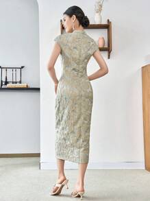 Modelyn 1 chiếc Sườn xám xẻ đùi họa tiết hoa thanh lịch, Sườn xám/Sườn xám hiện đại cải tiến theo phong cách Trung Hoa thanh lịch - Màu xanh lam - Xem 2