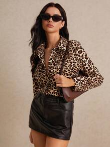 Poéselle Leopard Print Flap Detail Button Front Shirt,Long Sleeve Tops - Multicolor - View 1