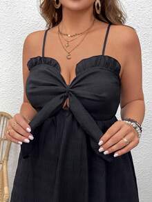 SHEIN VCAY Đầm Cami kết cấu kỳ nghỉ cỡ lớn có nút thắt phía trước - màu đen - Xem 3