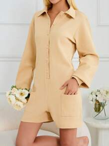 RueChic Women Buttons And Collar Detail Short Lounge Jumpsuit - Beige - View 3