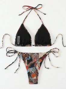 SHEIN Swim 2025 女士海滩度假斑马纹露背系带性感比基尼套装，随机印花夏季 - 彩色 - 查看 2