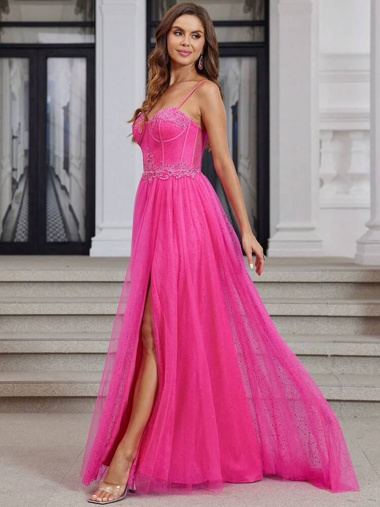 hot pink tulle dress shein Hot Pink Sparkly Tulle Prom Dresses Long With High Slit Sweetheart  Spaghetti Strap Formal Lace Evenving Gown For Teens