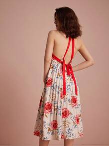 Chiquease Váy in hoa ngẫu nhiên có dây đeo màu tương phản hở lưng trang trí vòng sắt - Nhiều màu - Xem 2