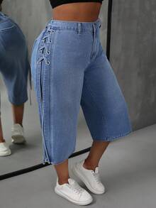 SHEIN SXY Quần Capri denim cạp cao cỡ lớn có dây buộc bên hông - Rửa trung bình - Xem 2