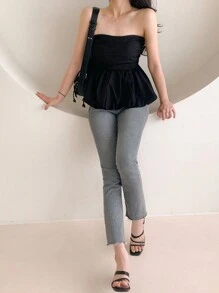 DAZY 女式纯色修身紧身胸衣式抹胸上衣，黑色夏季，荷叶边娃娃装上衣外出上衣