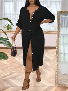 Calvaya Plus Button Front Roll Up Sleeve Dress For Summer - Black - View 6