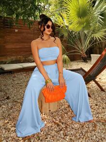 SHEIN SXY Women Fashionable Ruched Strapless Wide Leg Pants Set Summer Vacation Holiday Beach BOHO Sexy - Baby Blue - View 5