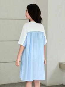 SHEIN Vestido de longitud media suelto para niña preadolescente con mezcla de colores para usar en ocasiones informales con cuello redondo - Azul - Ver 2