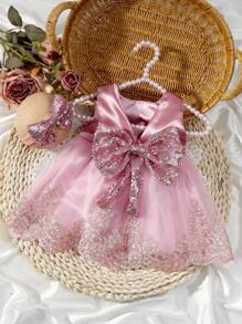 2pcs Champagne Newborn Photography Clothing Set, Baby Girls' Princess Embroidered Mesh Dress, Bowknot Lace Princess Skirt For Photo Shoot - Dusty Pink - View 2