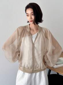 FRIFUL Zip Up Long Sleeve Bomber Jacket Sheer