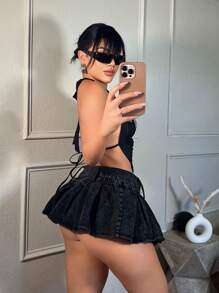 SHEIN SXY Y2k嬉皮潮流古怪龐克超低腰開叉內襯人字斜紋A字裙，帶雪花紋編織和陽光圖案扣帶的寬腰帶，雙排蜜豆鈕扣撕裂牛仔裙裙 - 黑色 - 查看 6