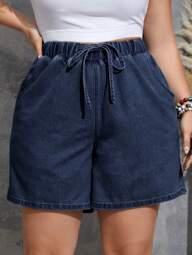 Firerie Plus Size Women's Casual Loose Fit Belted Denim Shorts