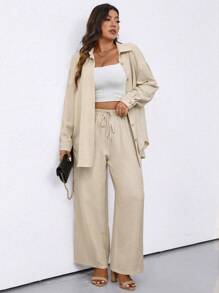 EMERY ROSE Plus Size Solid Color Long Sleeve Shirt And Pants Set, Holiday Leisure Fall Cloth For Women - Apricot - View 8