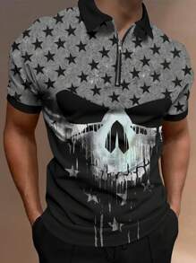 Manfinity Roughcore Chemise polo d'été décontractée pour homme à manches courtes imprimée crâne et pentagramme - Multicolore - Voir 1