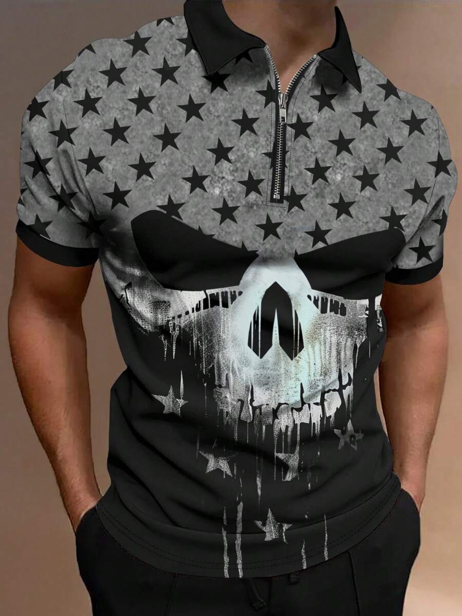 Manfinity Roughcore Chemise polo d'été décontractée pour homme à manches courtes imprimée crâne et pentagramme - Multicolore - Voir 1
