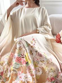 Yasmyna Váy Kaftan tay cánh dơi in hoa, váy Ả Rập dài tay giản dị - Màu be - Xem 2