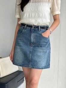 DAZY 高腰帶有口袋的女士牛仔裙,a字型款式 - 藍色 - 查看 9