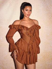 SHEIN SXY Vintage Princess Ballet Style Shades Of Brown Multi-Layered Ruffle Hem Mini Dress,Spaghetti Straps Backless Design,Seductive Autumn Date Night Dress - Brown - View 5