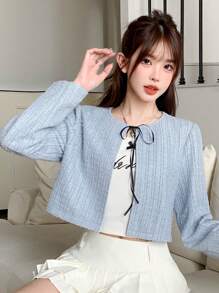 DAZY Áo khoác ngoài có cà vạt phía trước chắc chắn cho hàng ngày - Màu xanh lam - Xem 8