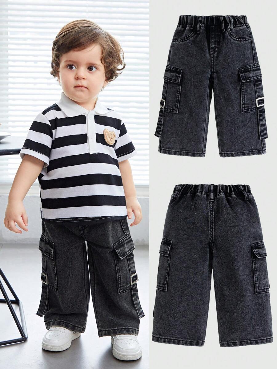 SHEIN 嬰兒男童休閒軟質磨破洗黑色貨袋寬鬆直筒牛仔褲，適用於春夏裝扮 - 灰色 - 查看 1