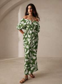 Anewsta 女士植物印花露肩交叉挂脖连衣裙 长款女装