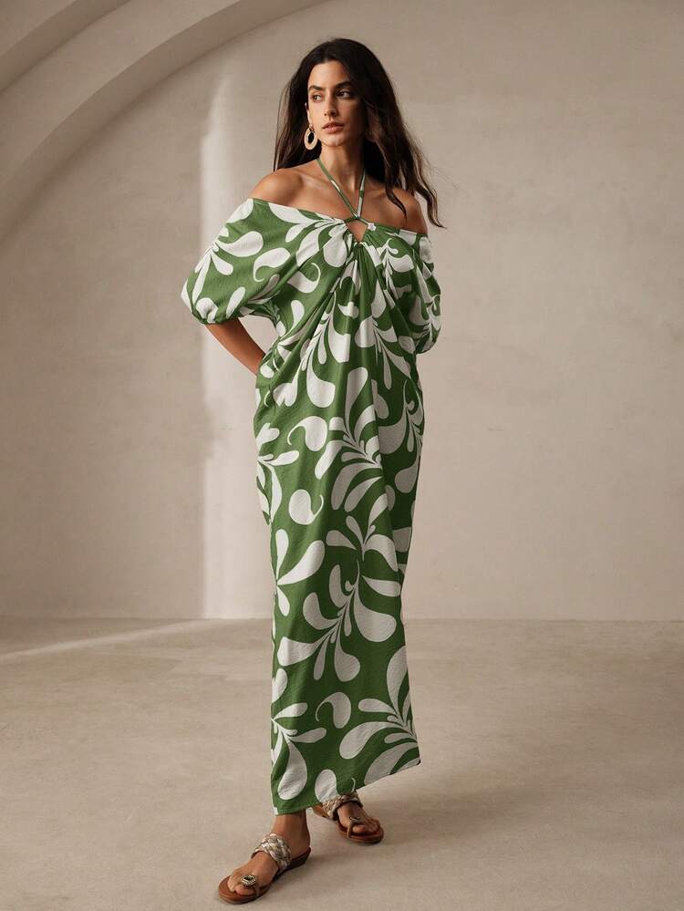 Women's Plant Printed Off Shoulder Cross Halter Neck Dress Maxi Women Outfit