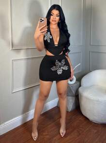 SHEIN SXY 亮片针织垂褶领上衣和裙子，适合约会之夜生日休闲性感秋冬 - 黑色 - 查看 5