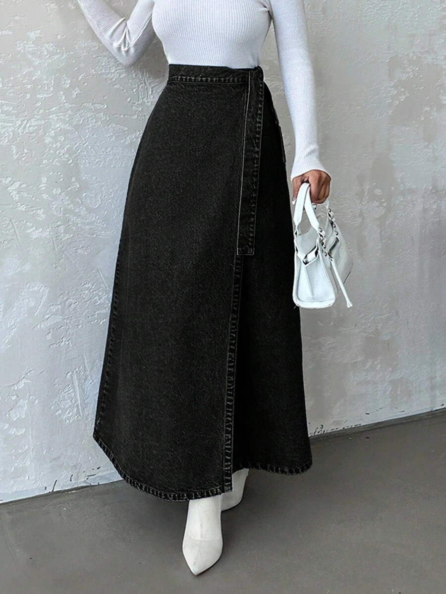 EURMUSE Women's Solid Color Cross Wrap Casual Denim Skirt For Summer - Black - View 1