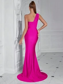 ADYCE Einfarbiges, asymmetrisches Abendkleid mit hohem Schlitz für formale Banketts und Anlässe für Damen - Heißes Pink - Übersicht 2