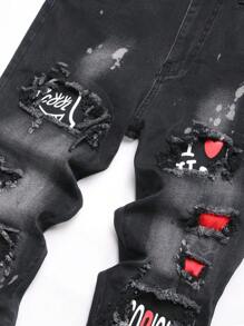 男士水墨印花撕裂磨邊縫補牛仔褲 - 黑色 - 查看 3